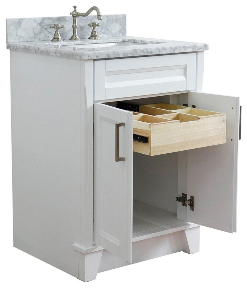 25" Single Sink Vanity, White Finish With White Carrara Marble
