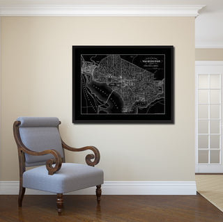 Washington DC Monochrome Map Print On Canvas With Black Custom Frame, 28" X 37"