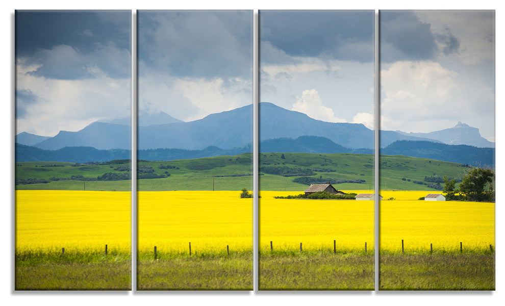 Farm House in Field Of Canola, Landscape Canvas Art Print, 48"x28", 4 Panels