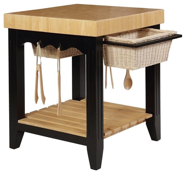 Linon Kolton Butcher Block Kitchen Island 2 Baskets in Black/Natural Wood