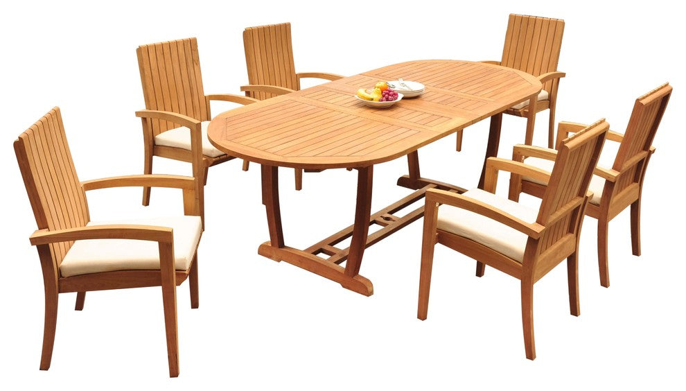 7-Piece Outdoor Teak Dining Set: 94" Masc Oval Table, 6 Goa Stacking Arm Chairs
