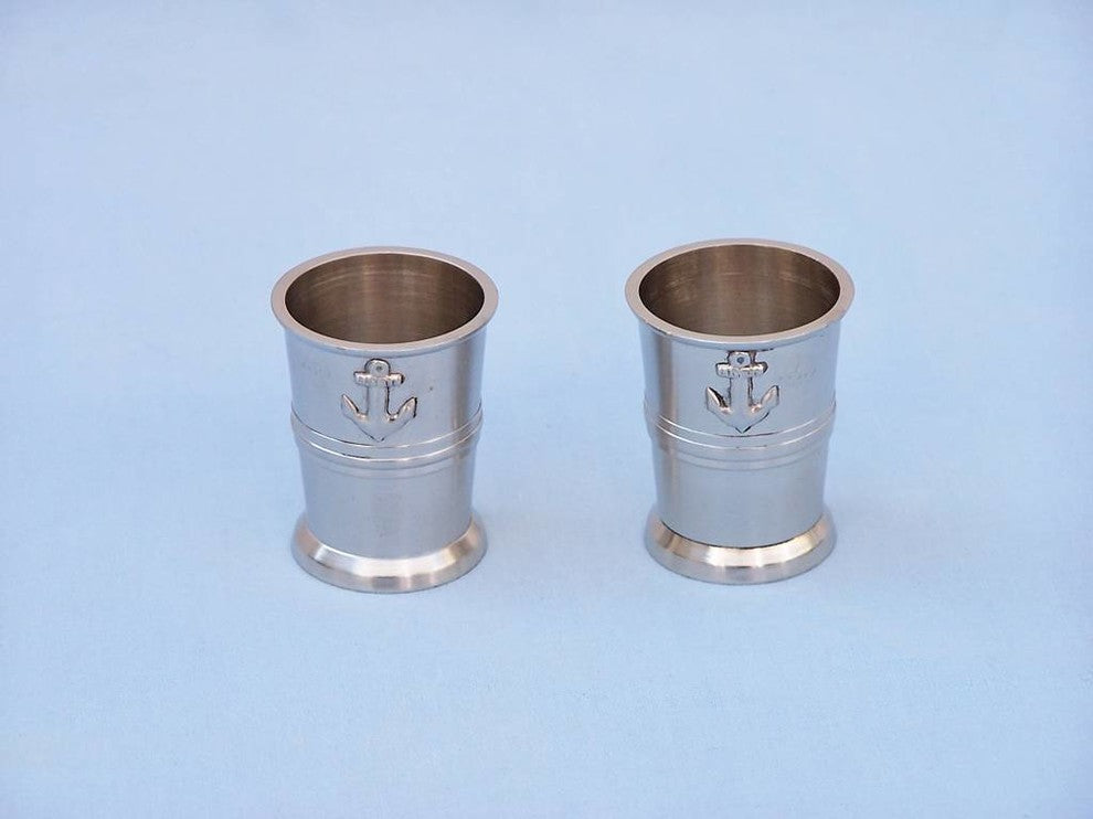 Brushed Nickel Anchor Shot Glasses With Rosewood Box 4'', Set of 2