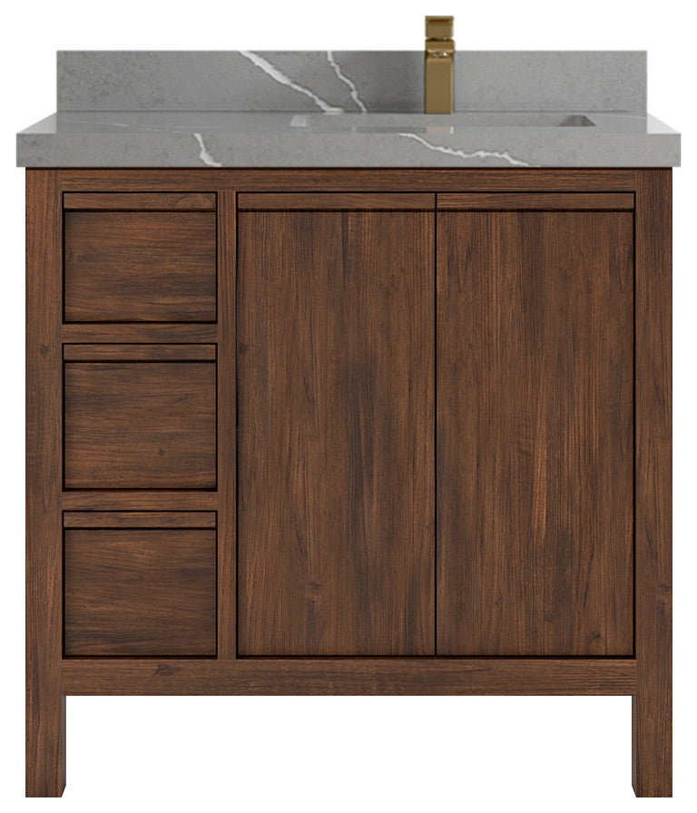 Elizabeth 36 Right Offset Bath Vanity in Dark Walnut Teak 2" Piatra Gray