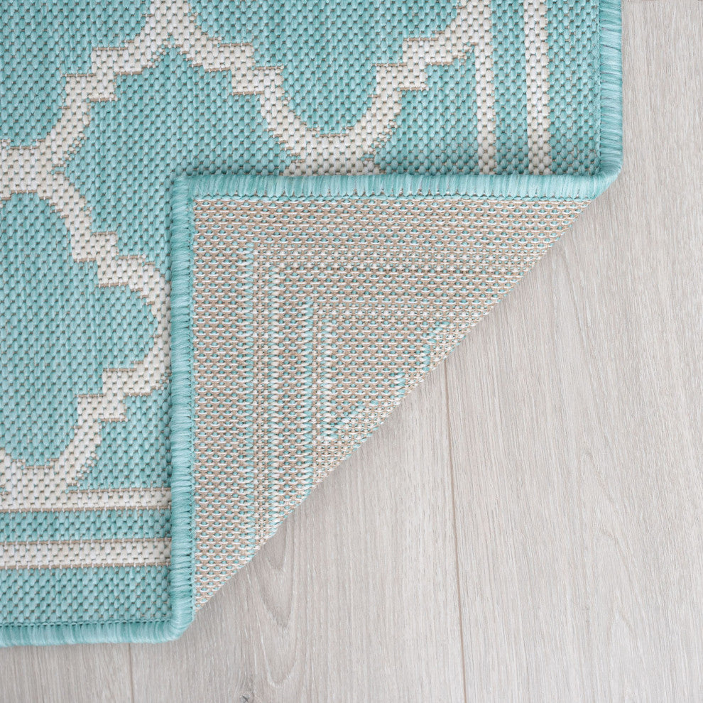 Shaila Transitional Geometric Aqua/Cream Indoor/Outdoor Area Rug, 8'x10'