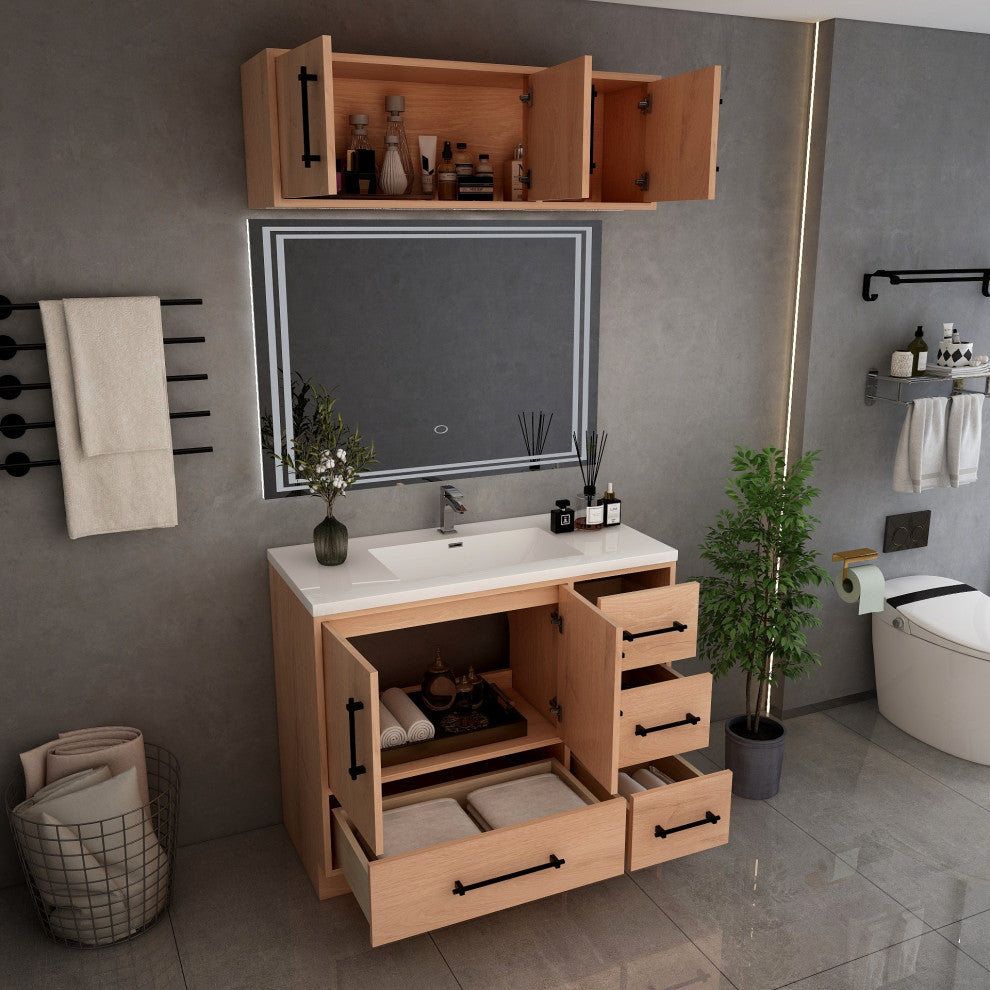 Victoria 42" Solid Wood Bath Vanity, Overhead Cabinet, Red Oak