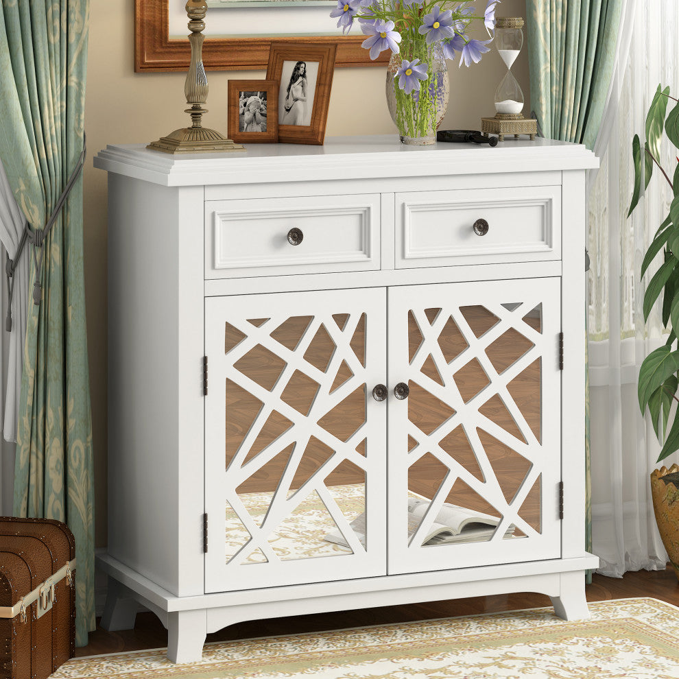 Wood Double Door Accent Cabinet with 2 Drawers, White, 30'' X 14''