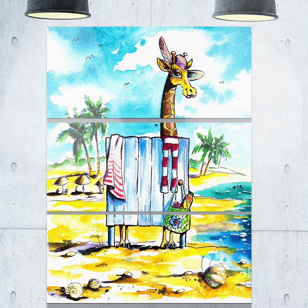 "Giraffe in Dressing Room on Beach" Cartoon Metal Wall Art, 3 Panels, 28"x36"