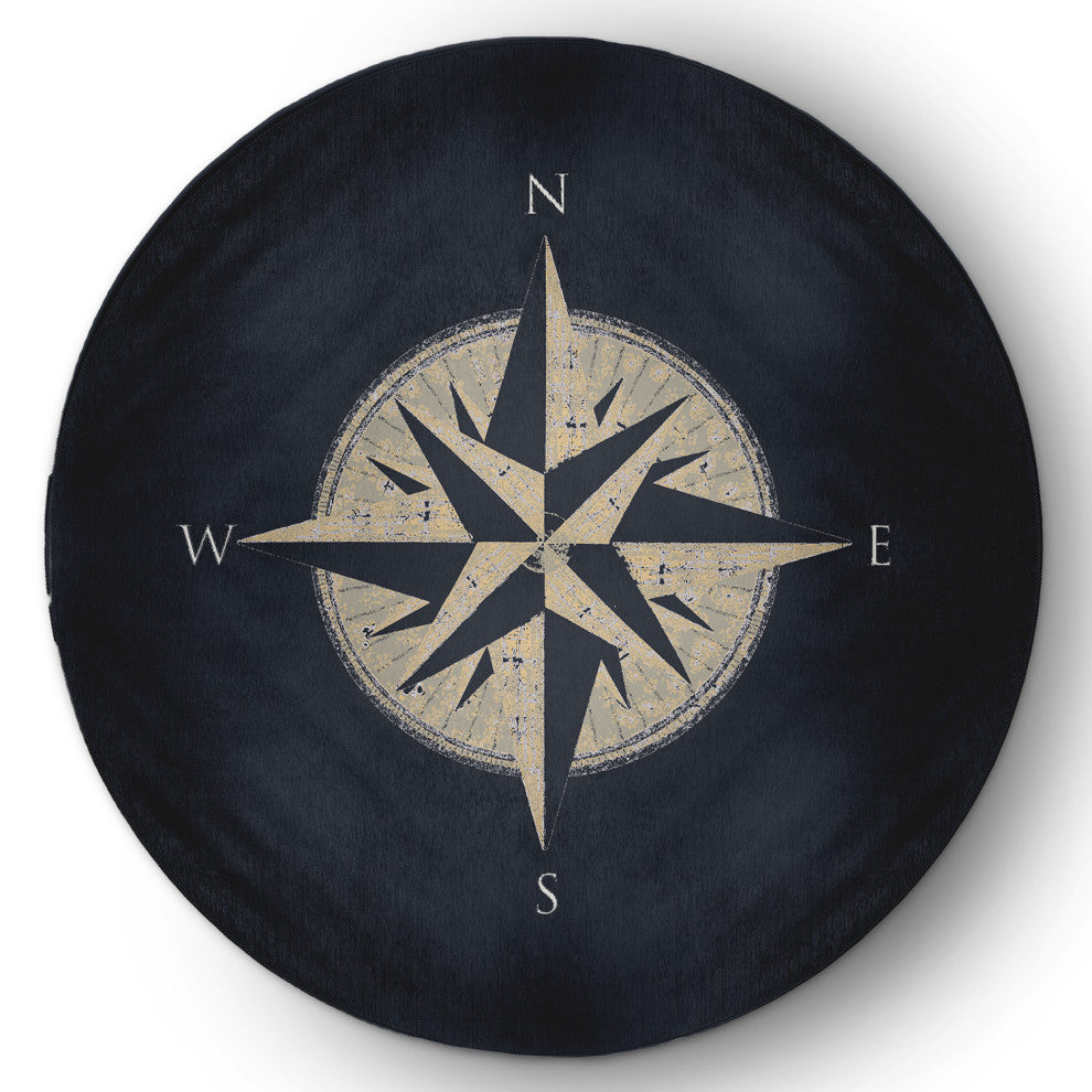 5' Round Compass Nautical Indoor/Outdoor Rug, Shark Blue