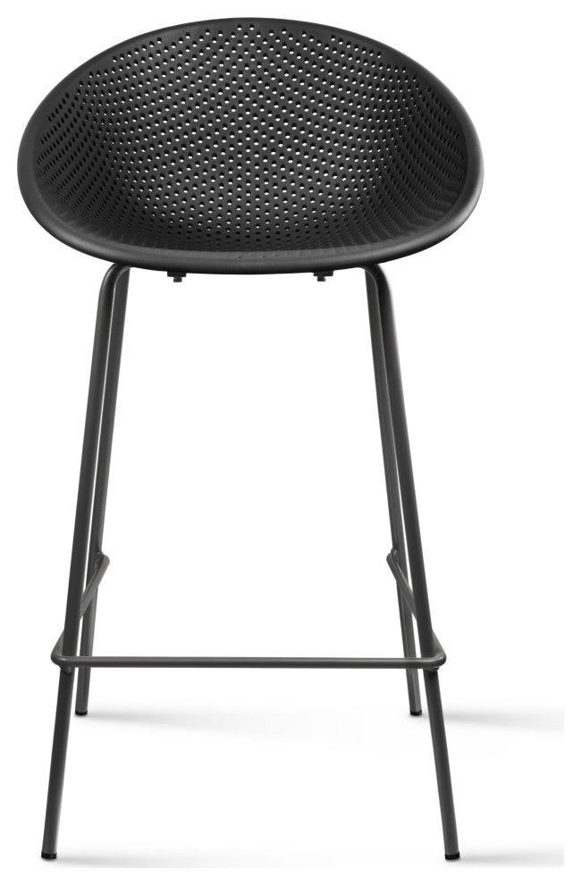 Modern Counter Stool with Perforated Low Back and Metal Frame, 25.5" Barstool, Black