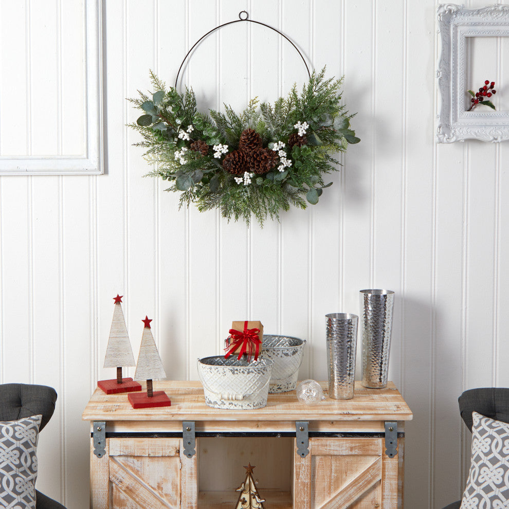 28" Christmas Pine, Eucalyptus, and Berries Metal Circlet Artificial Wreath