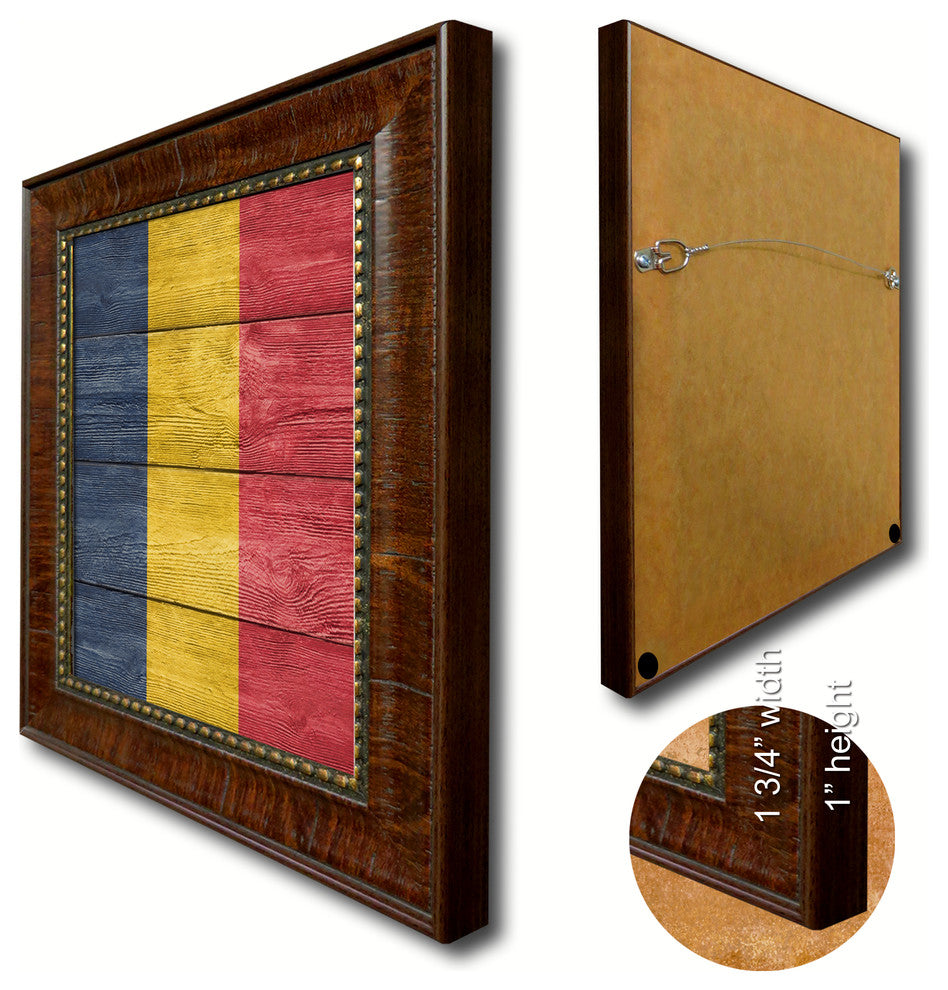 Chad Country Textured Flag Print With Brown Gold Frame, 19"X27"