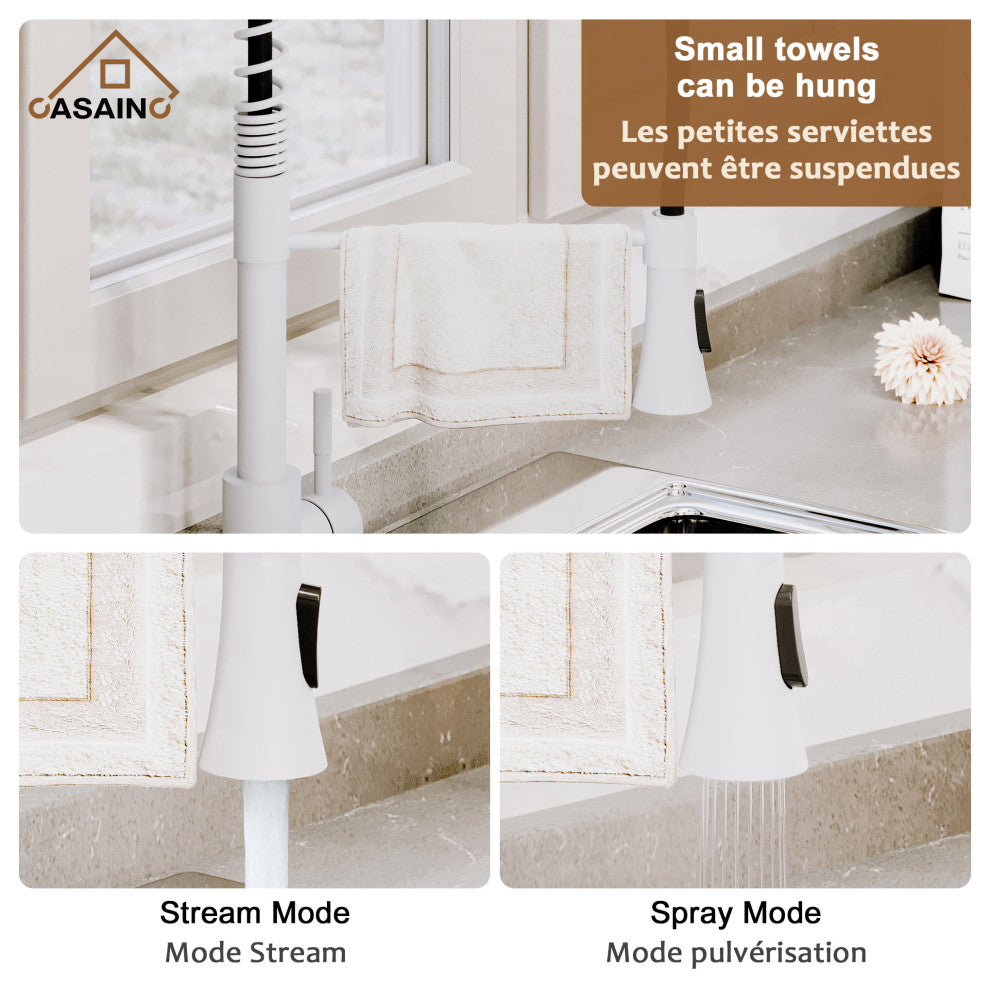 Spring Standard Kitchen Faucet with Dual-Function Spray Head and Deck Plate, Matte White