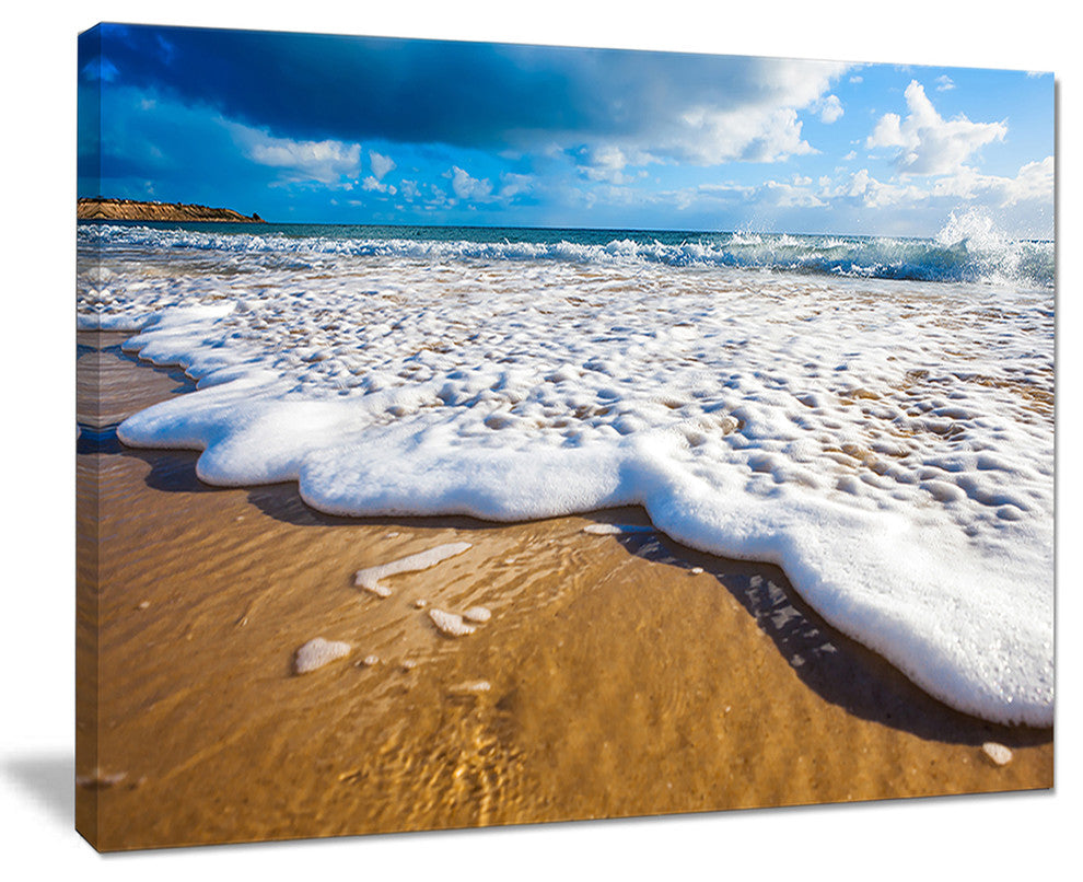 "Foaming Ocean Waves On Sand" Seascape Art Canvas, 20"x12"