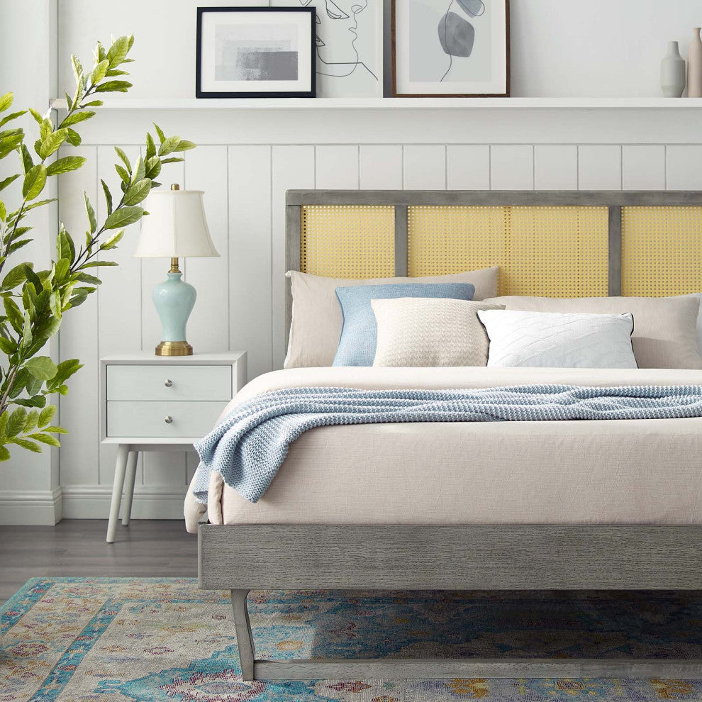 Platform Bed Frame, Queen Size, Wood, Gray, Modern Mid-Century, Bedroom