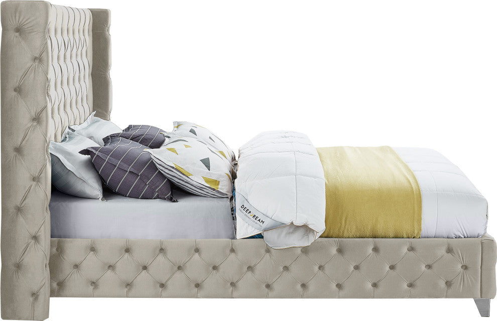 Savan Velvet Upholstered Bed, Cream, King