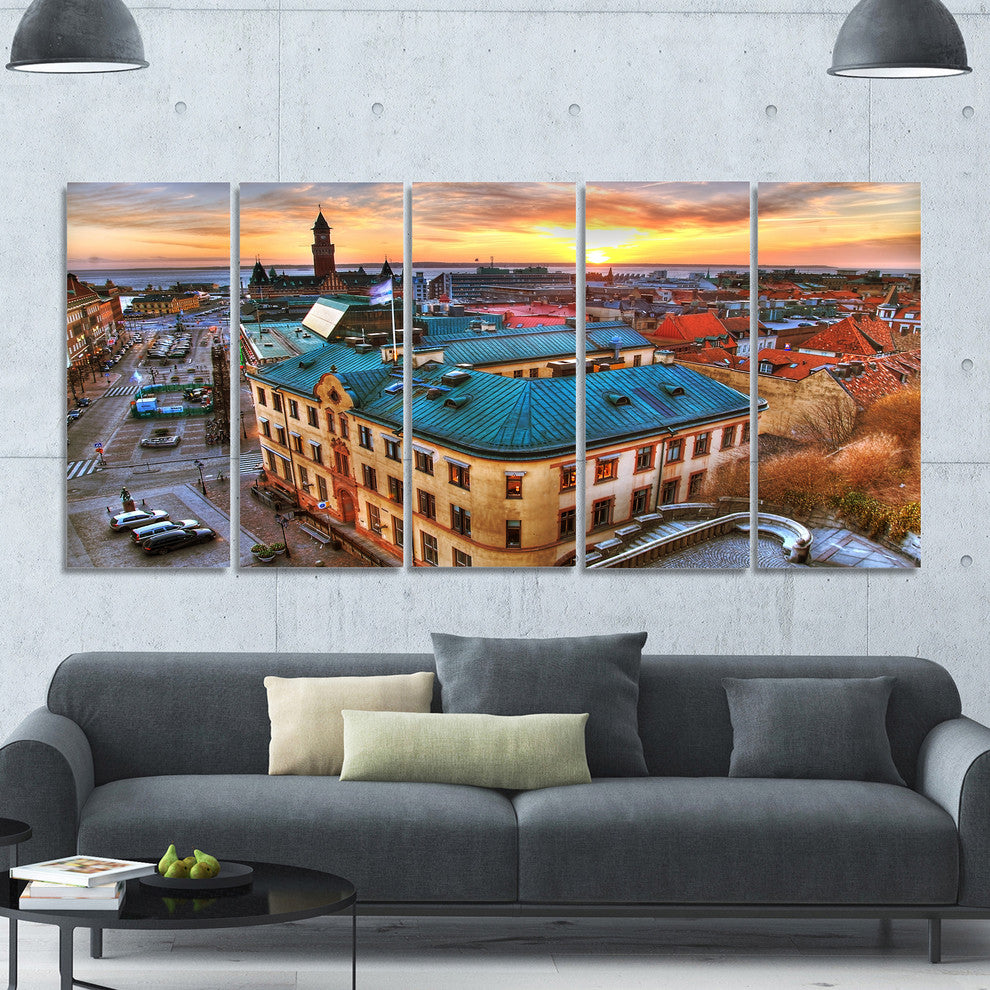 Colorful City Landscape, Cityscape Canvas Art Print, 60"x28", 5 Panels