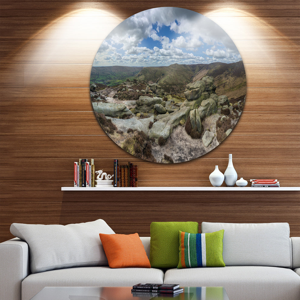 Clouds And Stones Under Wild Clouds, Landscape Round Metal Artwork, 11"