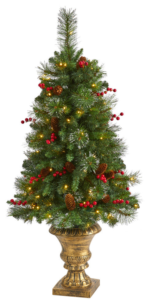 4' Pine, Pinecone & Berries Faux Xmas Tree With 100 Clear Lights, Decorative Urn