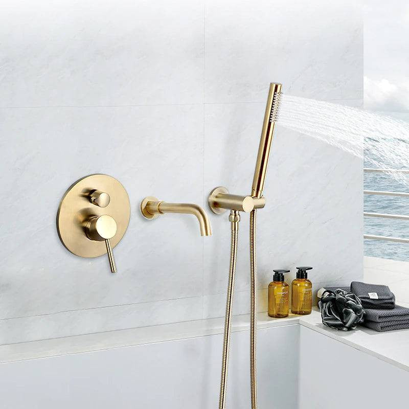 Wasser™ Solid Brass Bathtub Filler With Handheld Shower, Brushed Gold