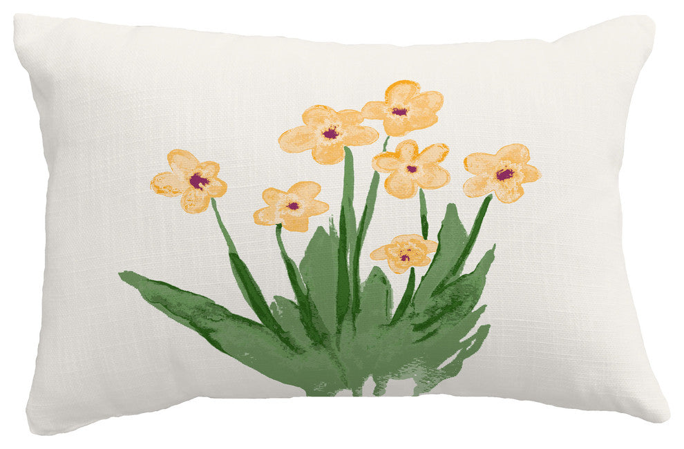 Pretty Little Flower Floral Print Pillow With Linen Texture, Yellow, 14"x20"