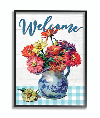 Welcome Flower Pot Blue Plaid Rustic Word Design, 11"x14", Black Frame