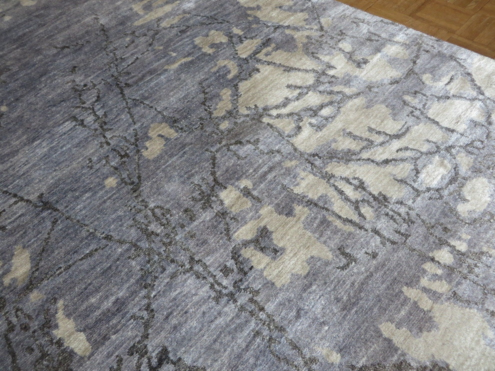 Hand Knotted Sky Blue Modern Abstract Oriental Rug With Silk, 8x10