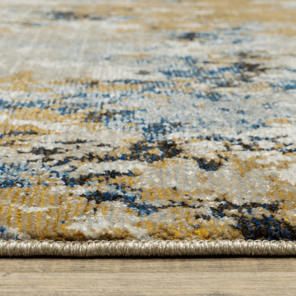 12' Runner Gold Grey and Ivory Abstract Power Loom Runner Rug