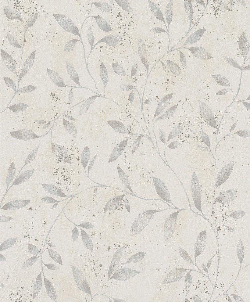 Floral Textured Wallpaper, Leaves on Concrete, Beige Cream Gray Silver, Sample