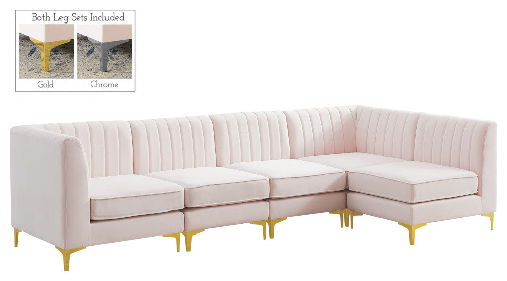Alina Velvet Modular L-Shaped Modular Sectional, Pink, 5-Piece: 3 Armless Chair, 2 Corner Chair