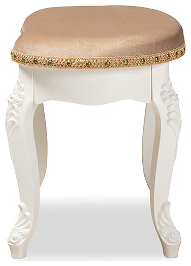 Derwent Sand Velvet Fabric White-Finished Wood Vanity Ottoman