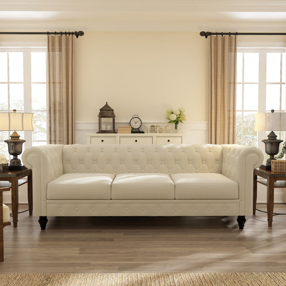 88'' Beige Velvet Rolled Arm Chesterfield Sofa with Black Leg
