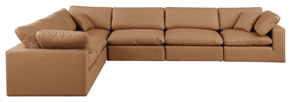 Comfy Upholstered L-Shaped Modular Sectional, Cognac, 6-Piece: 3 Armless Chair, 3 Corner Chair, Vegan Leather