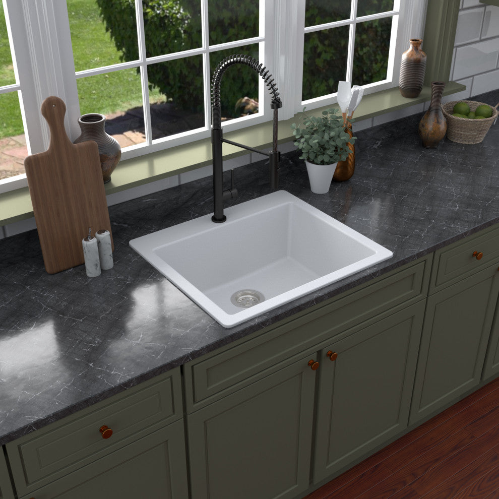 Karran QT-820 Top Mount 25" Single Bowl Quartz Kitchen Sink Kit, White