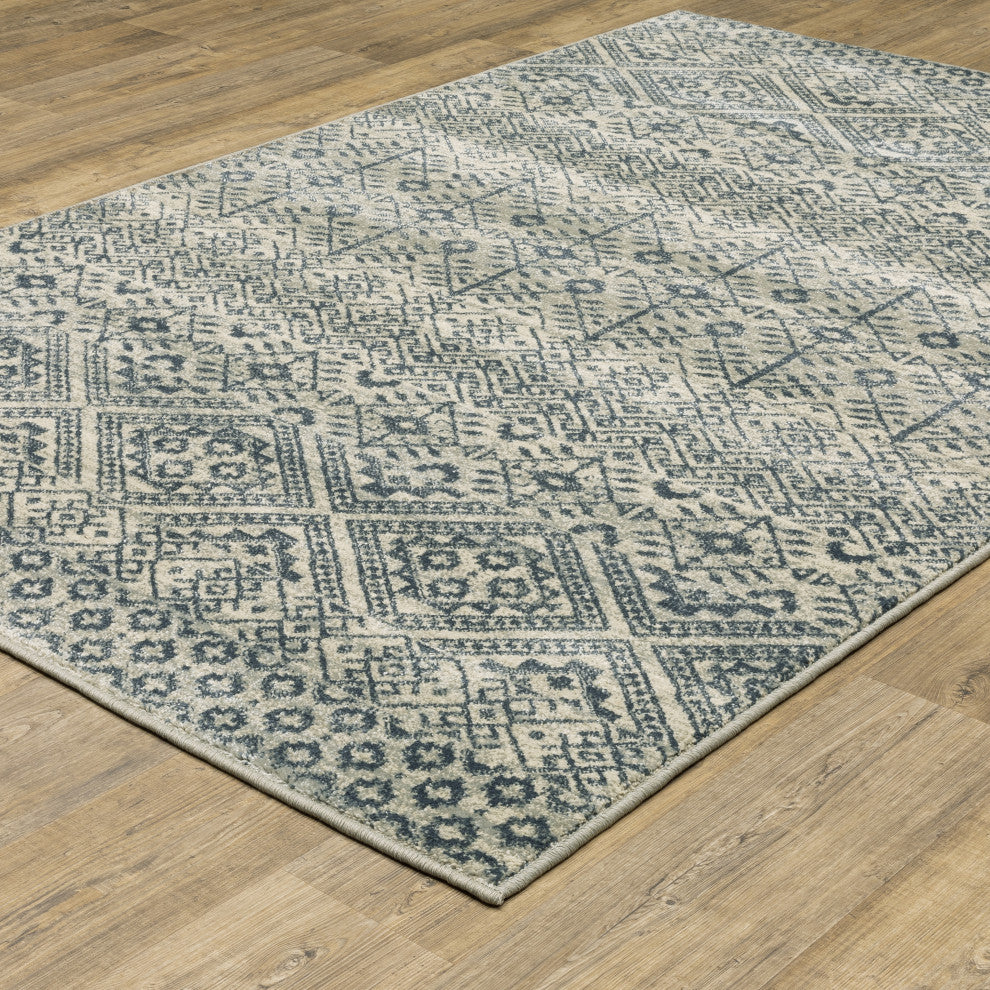 Bastian Tribal Geometric Blue/ Beige Indoor Area Rug, Blue, 6'7"x9'2"
