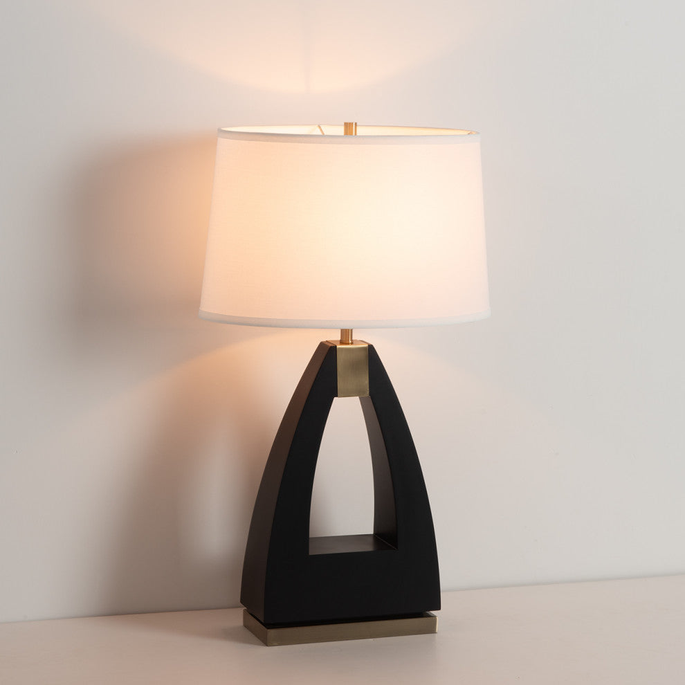 Trina Table Lamp - Wood Finish, Weathered Brass, White Linen Shade, 3-Way Switch
