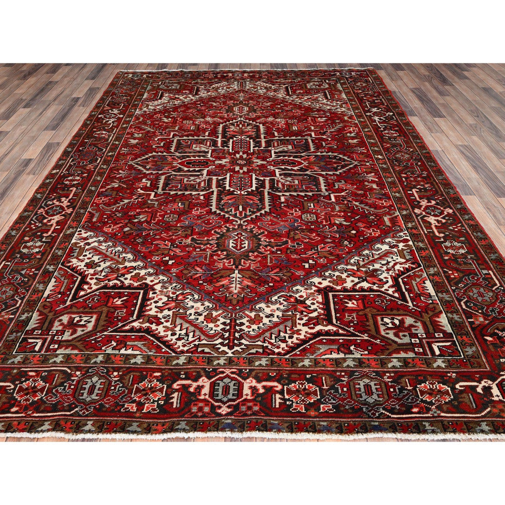 Ajax Red Pure Wool Hand Knotted Vintage Persian Heriz Oriental Rug 7'9"x10'10"