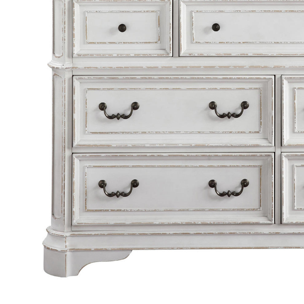Benzara BM275080 64" Solid Wood Dresser, 7 Drawers, Felt Lined, Antique White