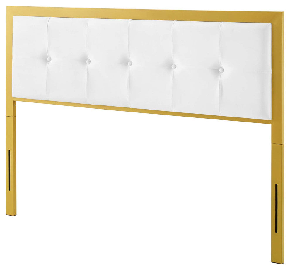 Tufted Headboard, King Size, Velvet, Metal, Gold White, Modern Contemporary