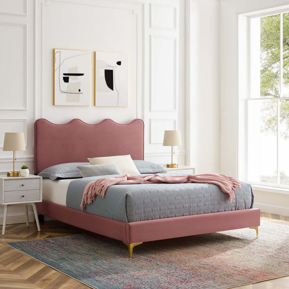 Platform Bed Frame, Queen Size, Pink, Velvet, Modern, Bedroom Guest Suite
