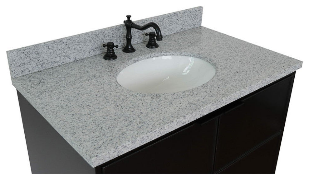 37" Single Vanity, Cappuccino Finish With Gray Granite Top And Oval Sink