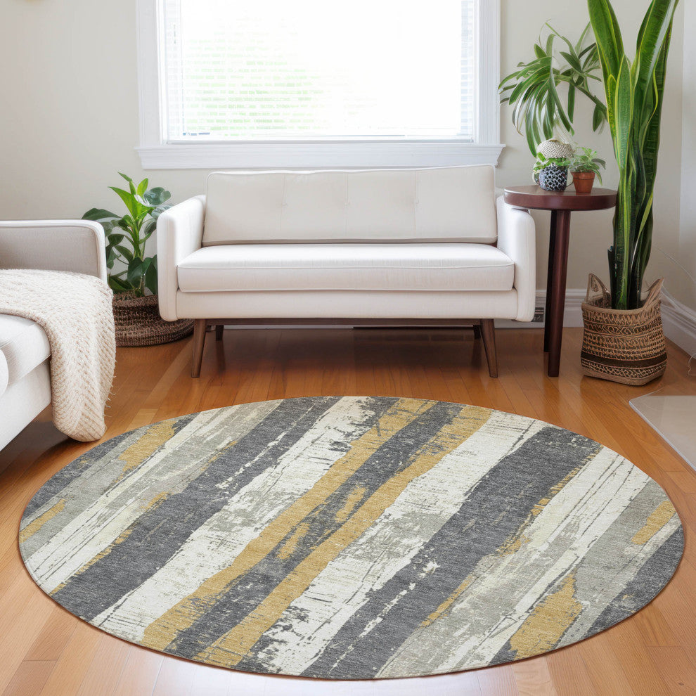 Machine Washable Indoor/Outdoor Chantille ACN1872 Gold 8' x 8' Round Rug