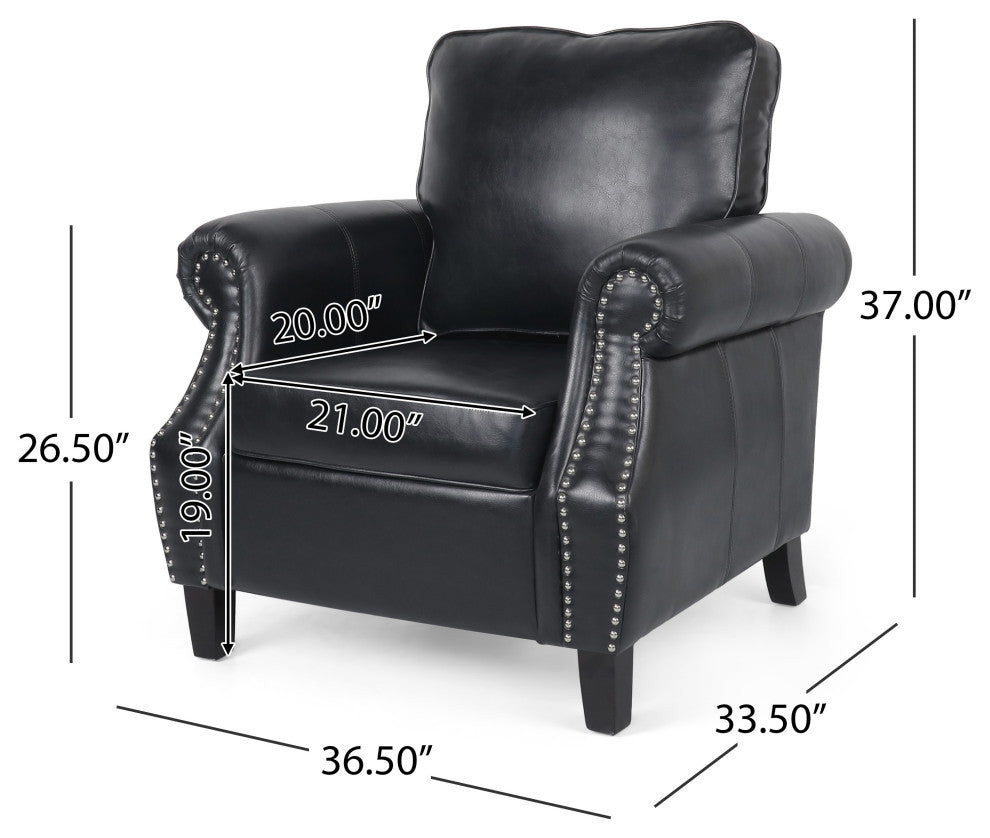 Burkehaven Contemporary Faux Leather Club Chair With Nailhead Trim, Midnight Black/Dark Brown