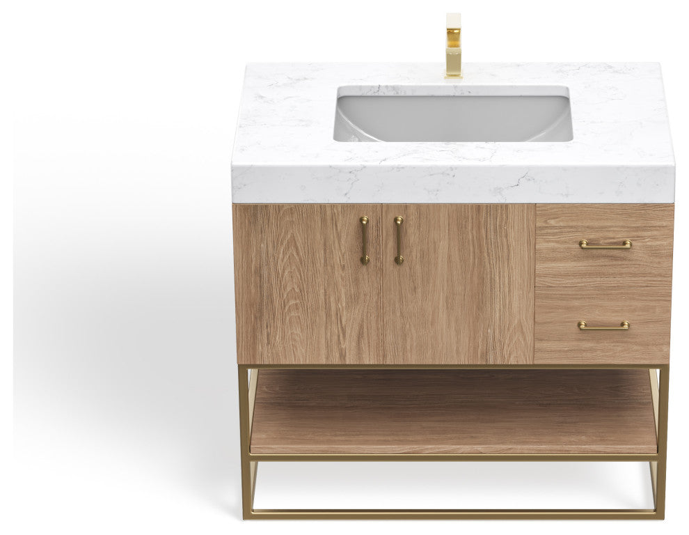 Bahia Bath Vanity, Oak, 36", Brushed Gold Hardware, Single, Freestanding