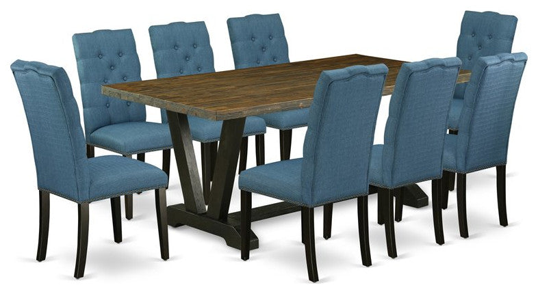 V677El121-9, 9-Piece Set Jacobean Table Top and 8 Chairs, Black