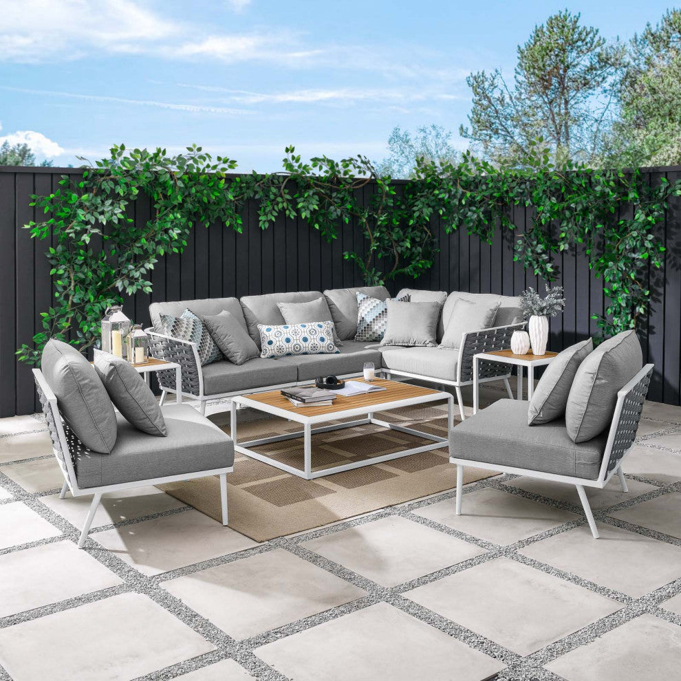 Sectional Sofa Table Set, White Gray, Aluminum, Modern, Outdoor Patio