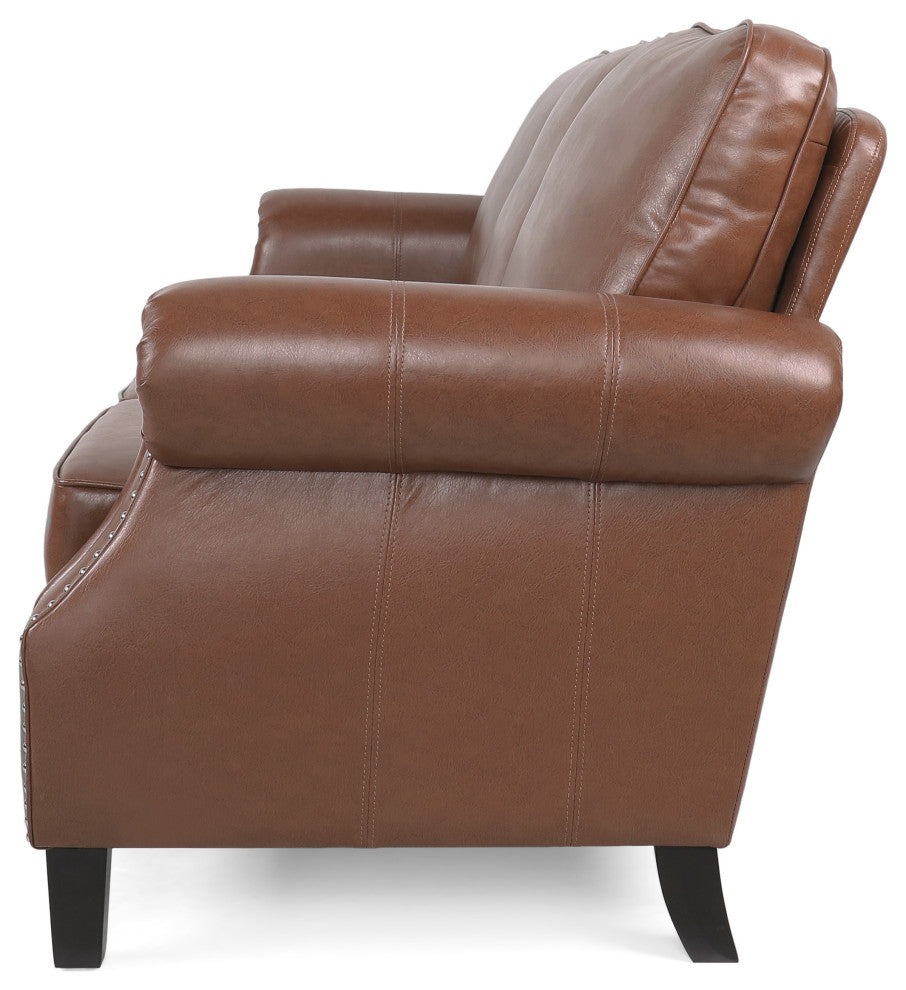 Burkehaven Contemporary Faux Leather 3 Seater Sofa With Nailhead Trim, Cognac Brown/Dark Brown