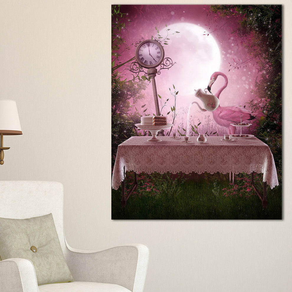 "Fantasy Garden With A Flamingo" Modern Landscape Wall Art Canvas, 20"x40"