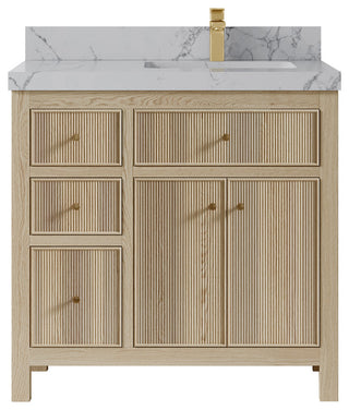 Sonoma Oak 36 Right Offset Bath Vanity with 2" Piatra Gray Quartz