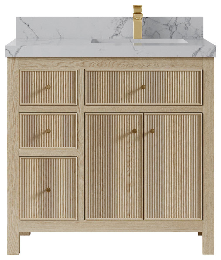 Sonoma Oak 36 Right Offset Bath Vanity with 2" Piatra Gray Quartz