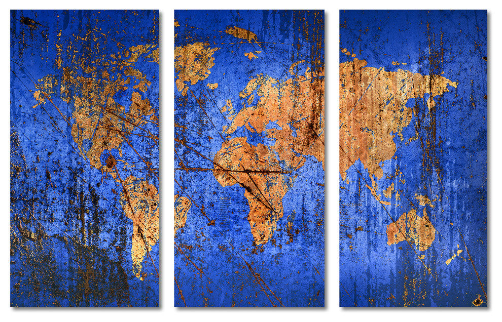 Abstract Blue World Map Canvas Print, 3 Panel Split, Triptych Wall Art
